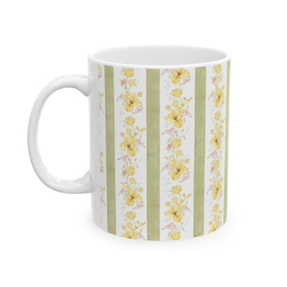 Floral Stripe Ceramic Mug – Vintage Yellow Rose Pattern (11oz & 15oz)