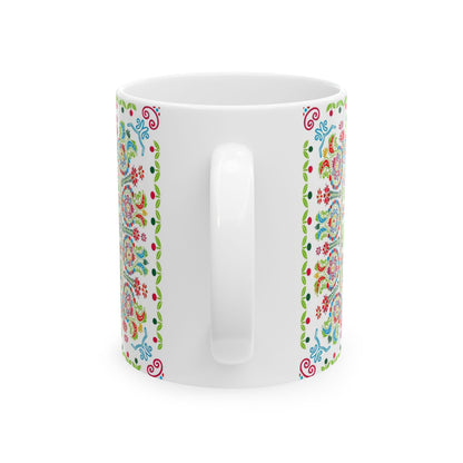 Floral Folk Art Ceramic Mug — Colorful Boho 11oz & 15oz Coffee Cup