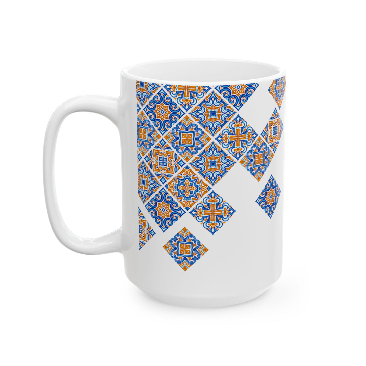 Ceramic Mug — Blue & Orange Moroccan Tile Pattern (11oz, 15oz)