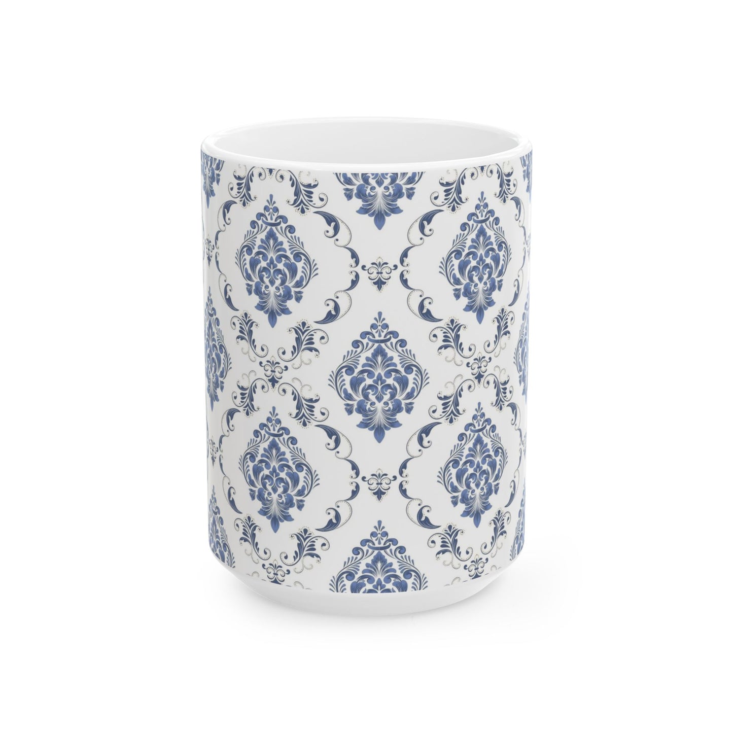 Blue Damask Ceramic Mug — Elegant Vintage Pattern Coffee Cup (11oz, 15oz)