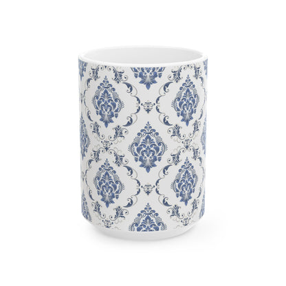 Blue Damask Ceramic Mug — Elegant Vintage Pattern Coffee Cup (11oz, 15oz)
