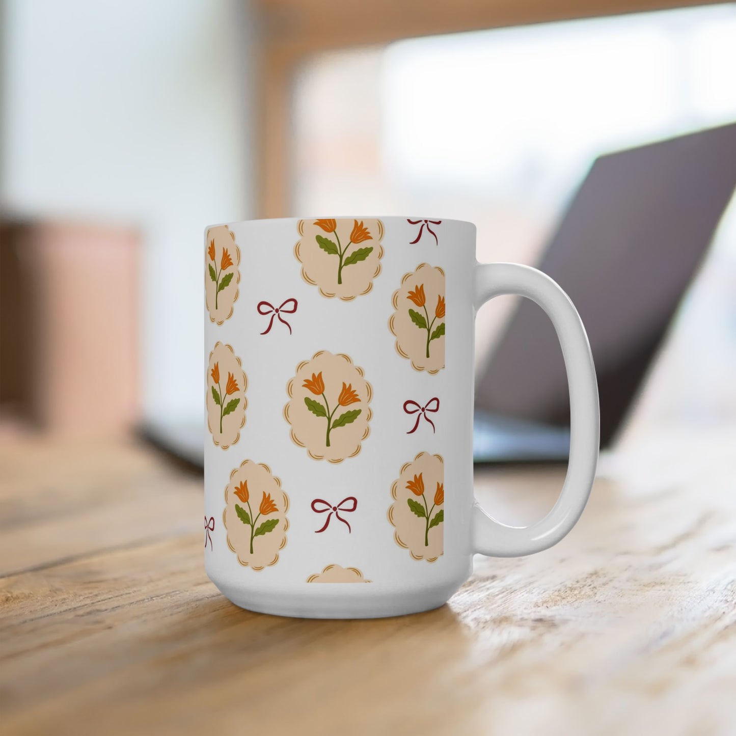 Floral Medallion Ceramic Mug — Vintage Orange Tulip Pattern (11oz & 15oz)