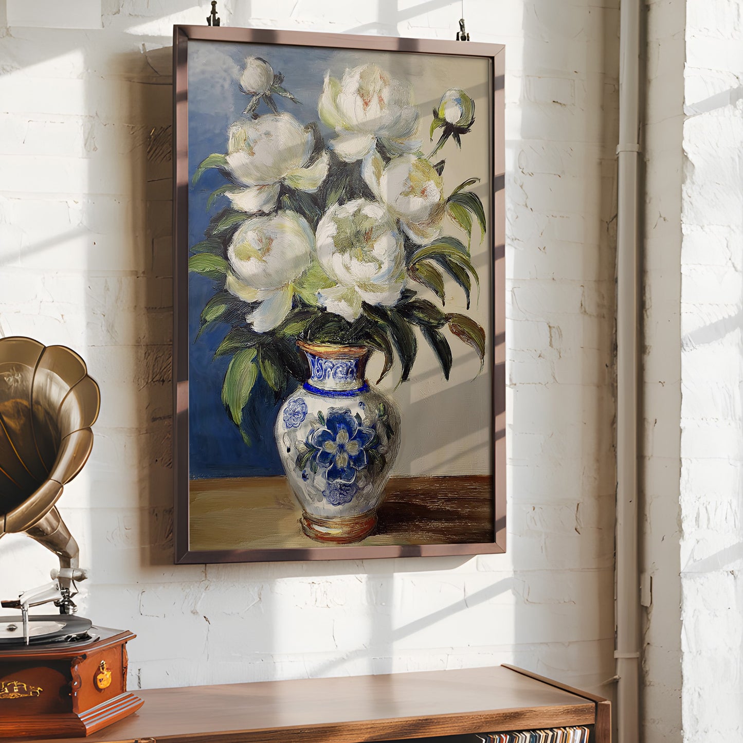 Vintage White Peonies in Blue Porcelain Vase (Digital Download)