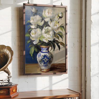 Vintage White Peonies in Blue Porcelain Vase (Digital Download)