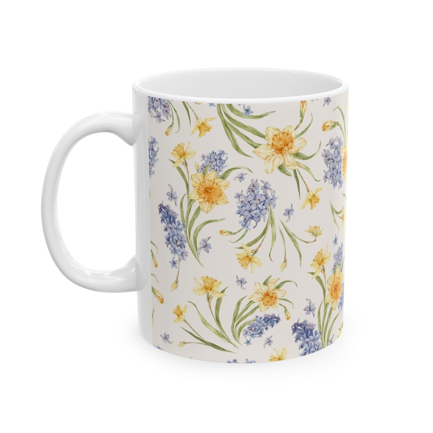 Floral Spring Bouquet Ceramic Mug — Blue Hyacinth & Yellow Daffodil 11oz/15oz
