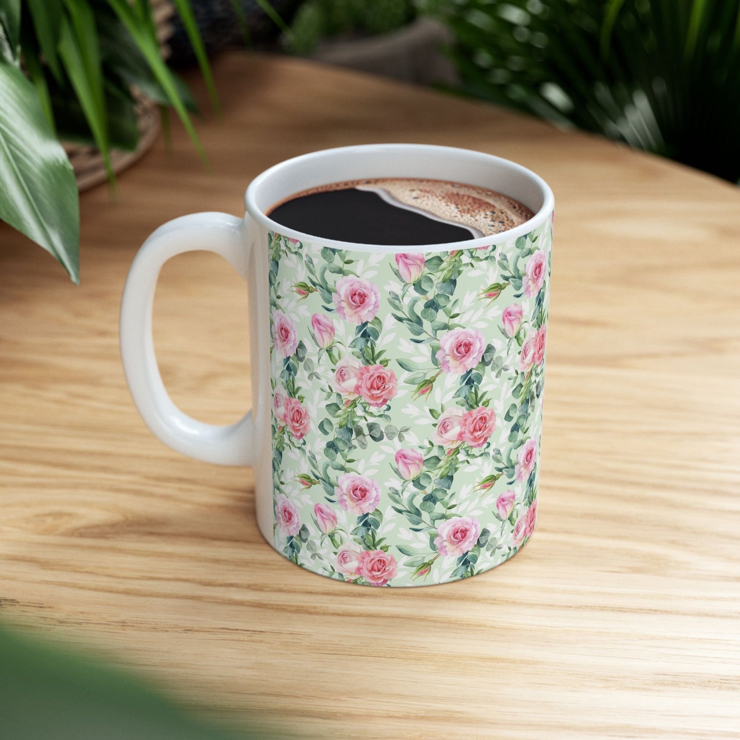 Floral Rose Watercolor Ceramic Mug — Pink Garden Pattern (11oz & 15oz)