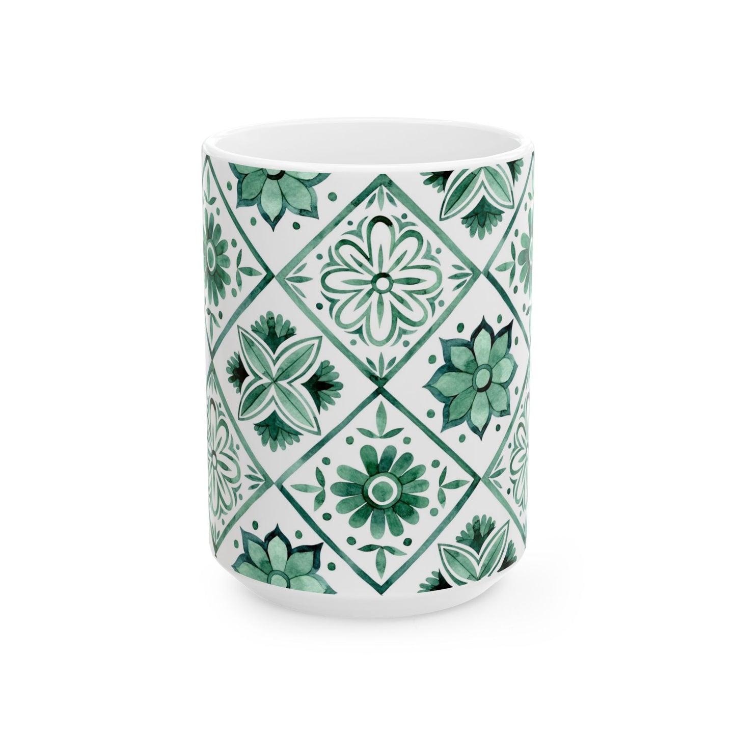 Green Tile Pattern Ceramic Mug — Boho Floral Moroccan-Style 11oz & 15oz