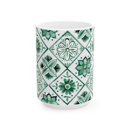 Green Tile Pattern Ceramic Mug — Boho Floral Moroccan-Style 11oz & 15oz