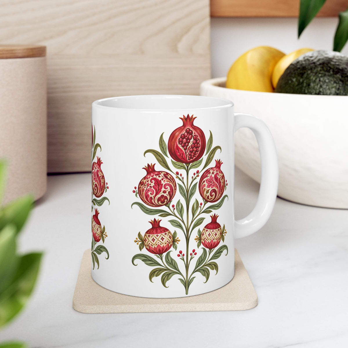 Pomegranate Botanical Ceramic Mug — Floral Vintage Kitchen Coffee Cup (11oz & 15oz)