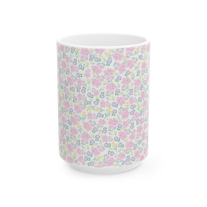 Floral Pastel Pattern Ceramic Mug — Cute Spring Flower Coffee Cup (11oz & 15oz)