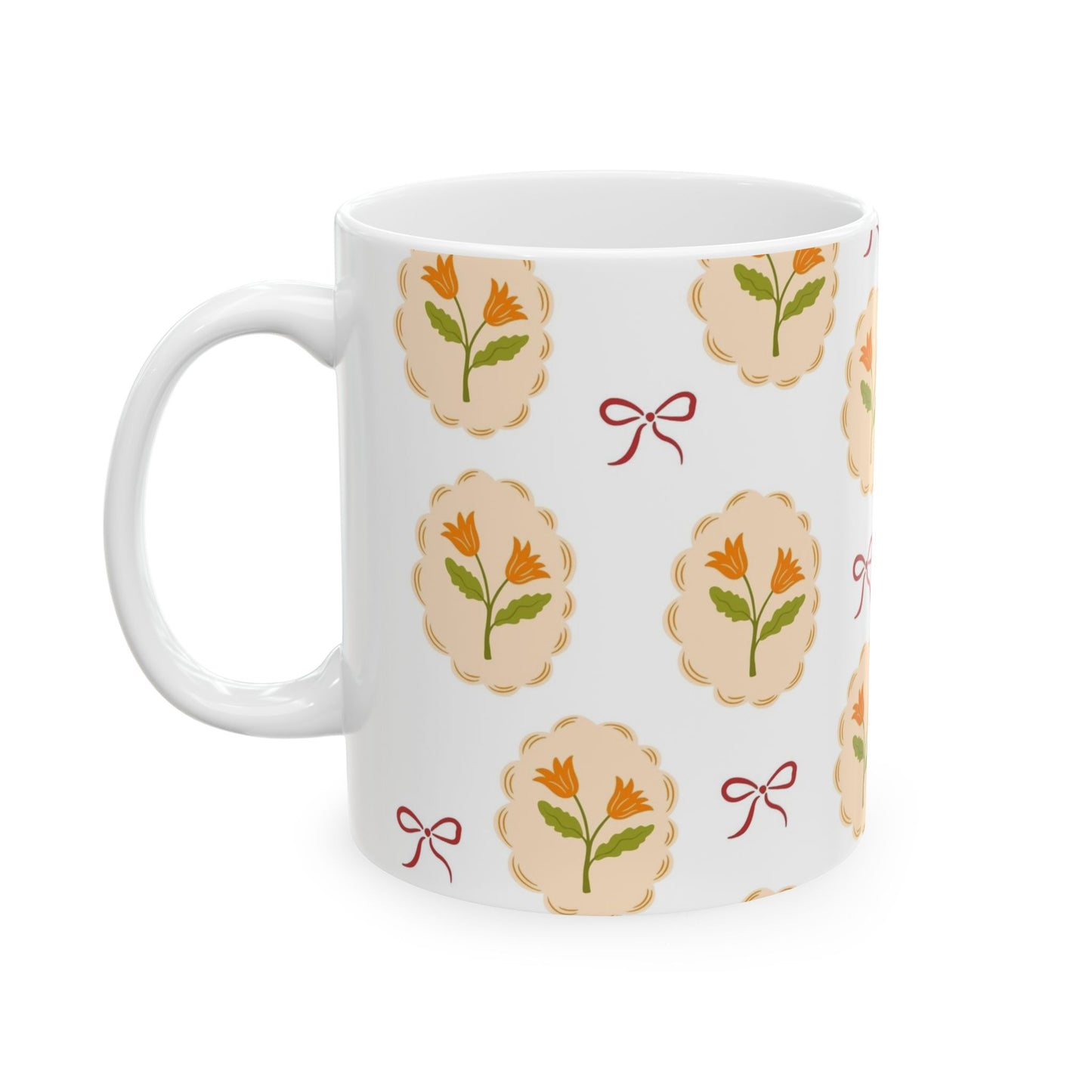 Floral Medallion Ceramic Mug — Vintage Orange Tulip Pattern (11oz & 15oz)