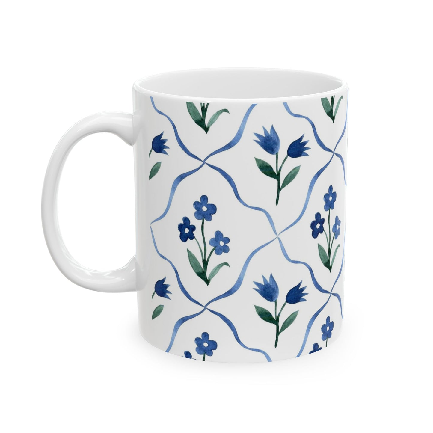 Blue Floral Ceramic Mug — Handpainted Tile Pattern (11oz & 15oz)