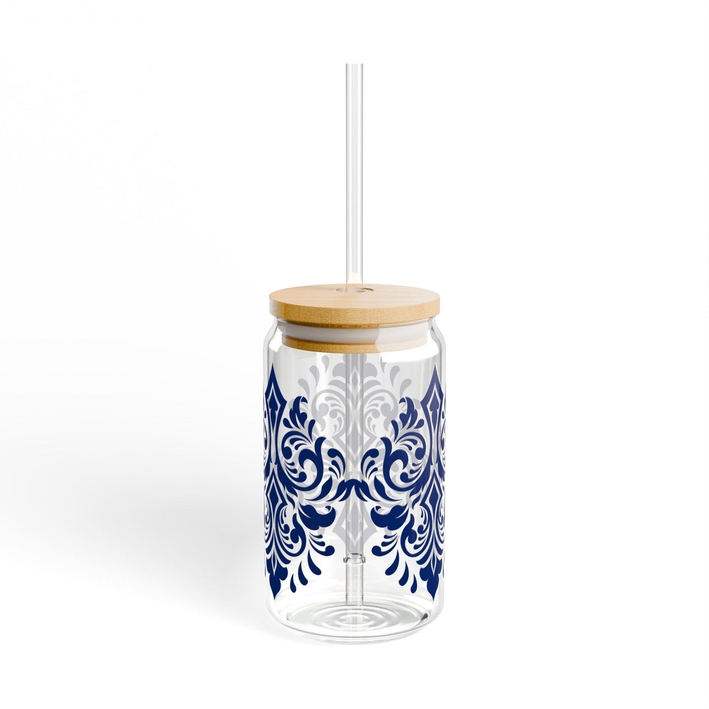 Royal Blue Damask Glass Cup with Lid & Straw – 16oz Vintage Aesthetic Drinkware