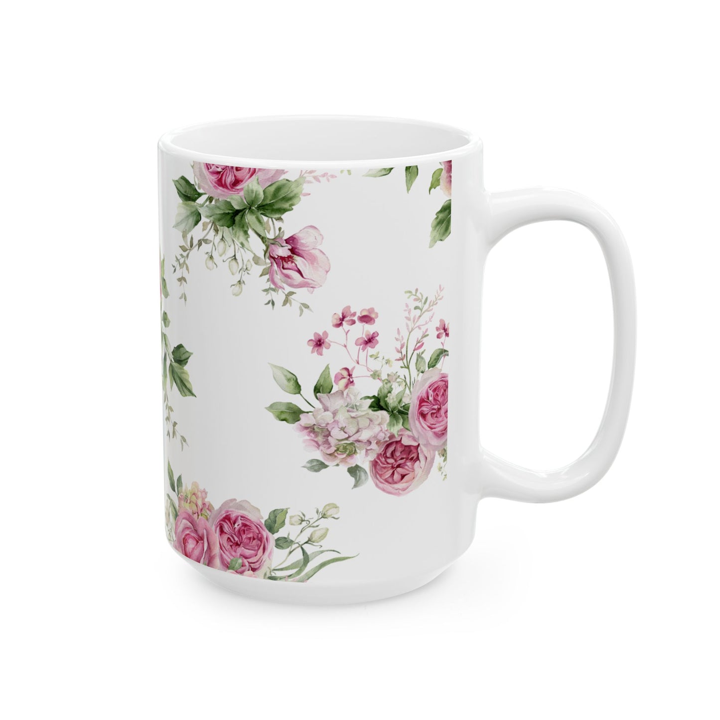 Floral Rose Ceramic Mug — Vintage Pink Garden Tea Coffee Cup (11oz & 15oz)