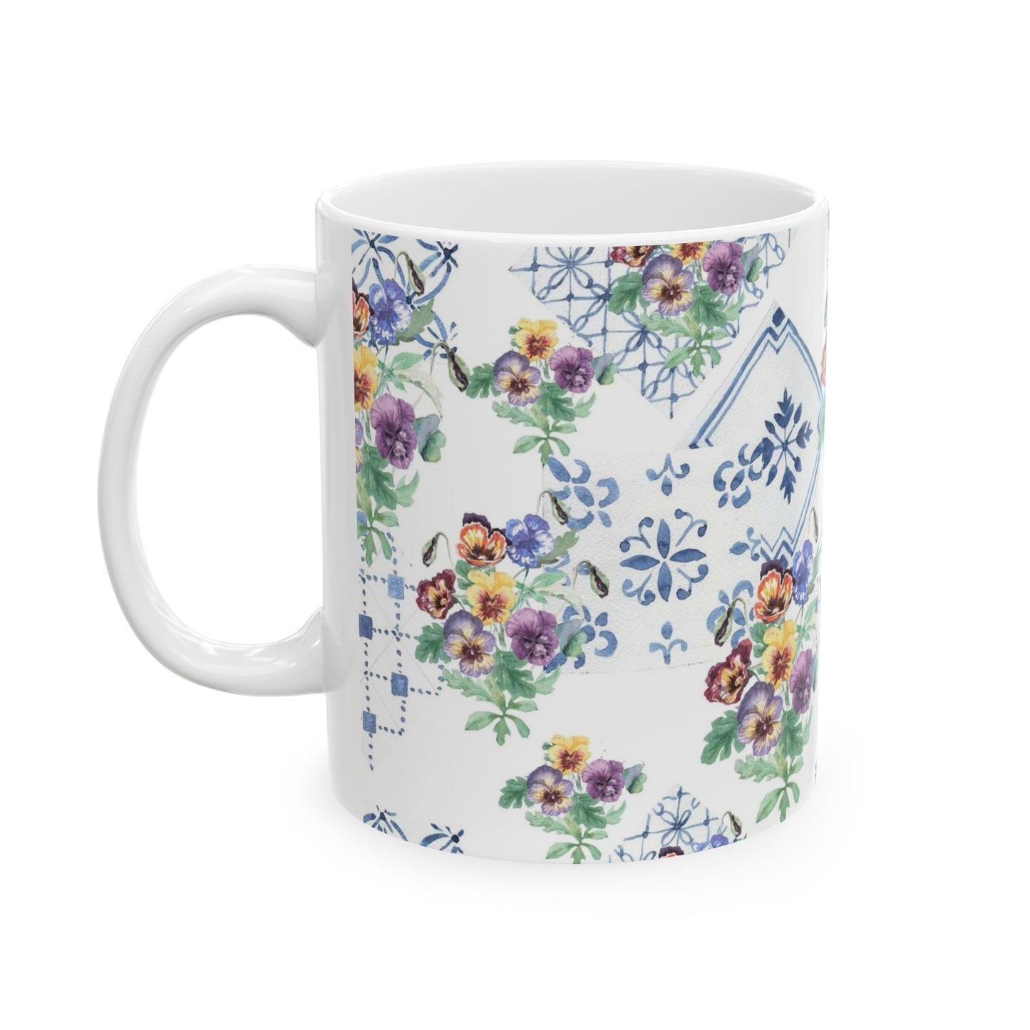 Vintage Pansy Floral Ceramic Mug – Blue Tile Pattern (11oz & 15oz)