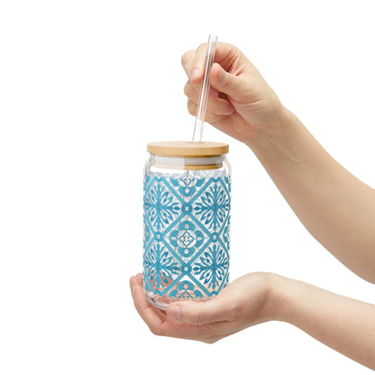 Blue Moroccan Tile Glass Cup with Lid & Straw