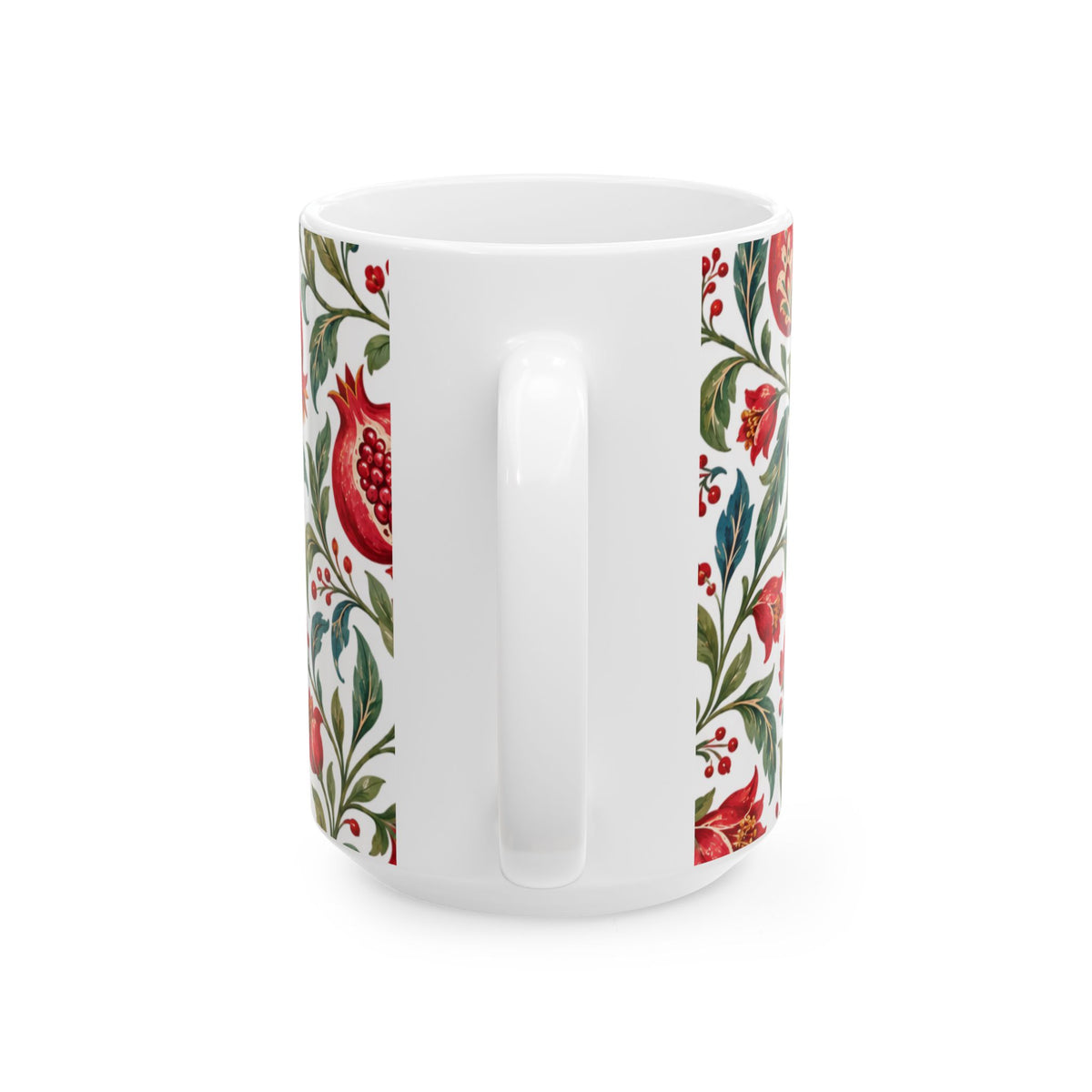 Pomegranate Floral Ceramic Mug — Red & Green Botanical Pattern (11oz, 15oz)