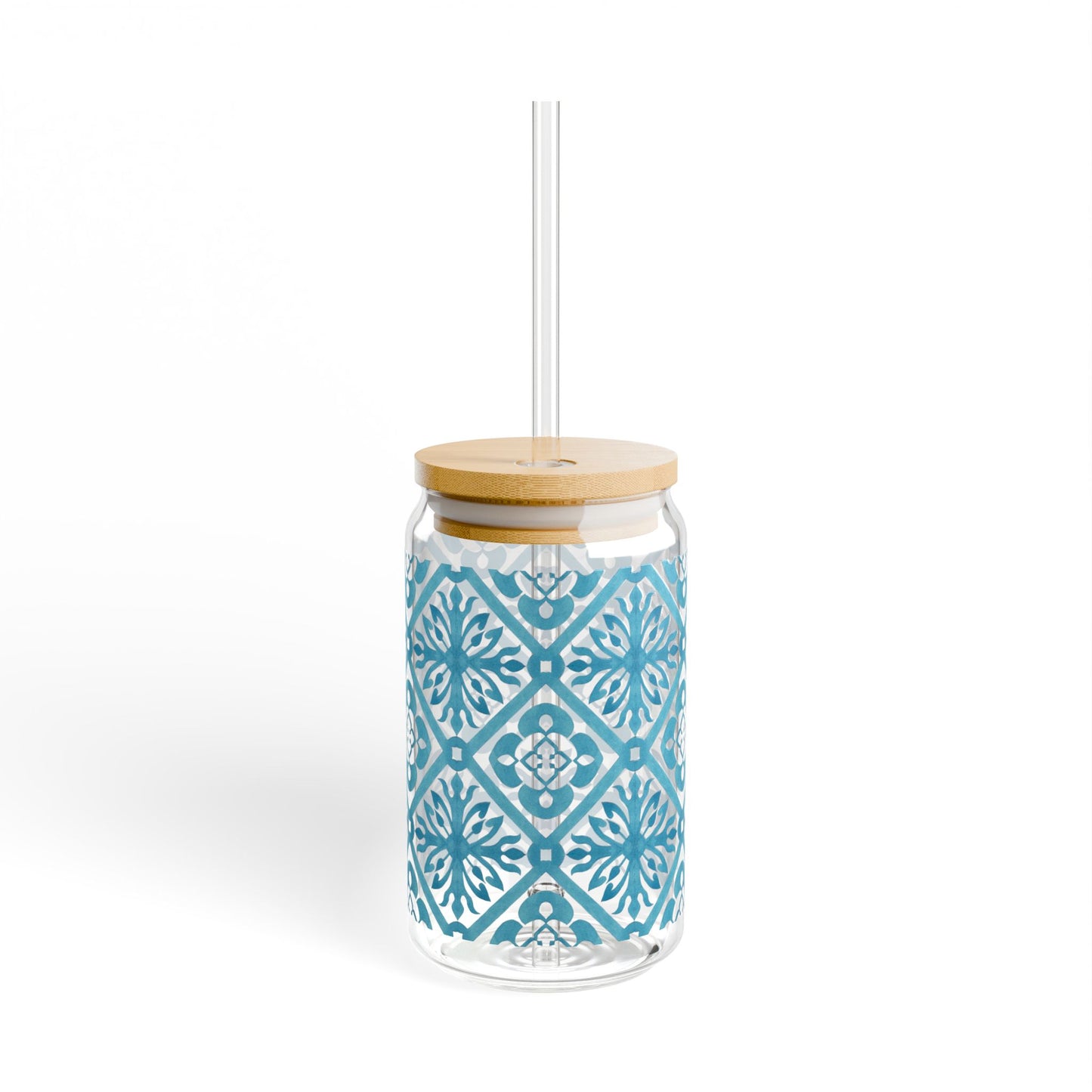 Blue Moroccan Tile Glass Cup with Lid & Straw