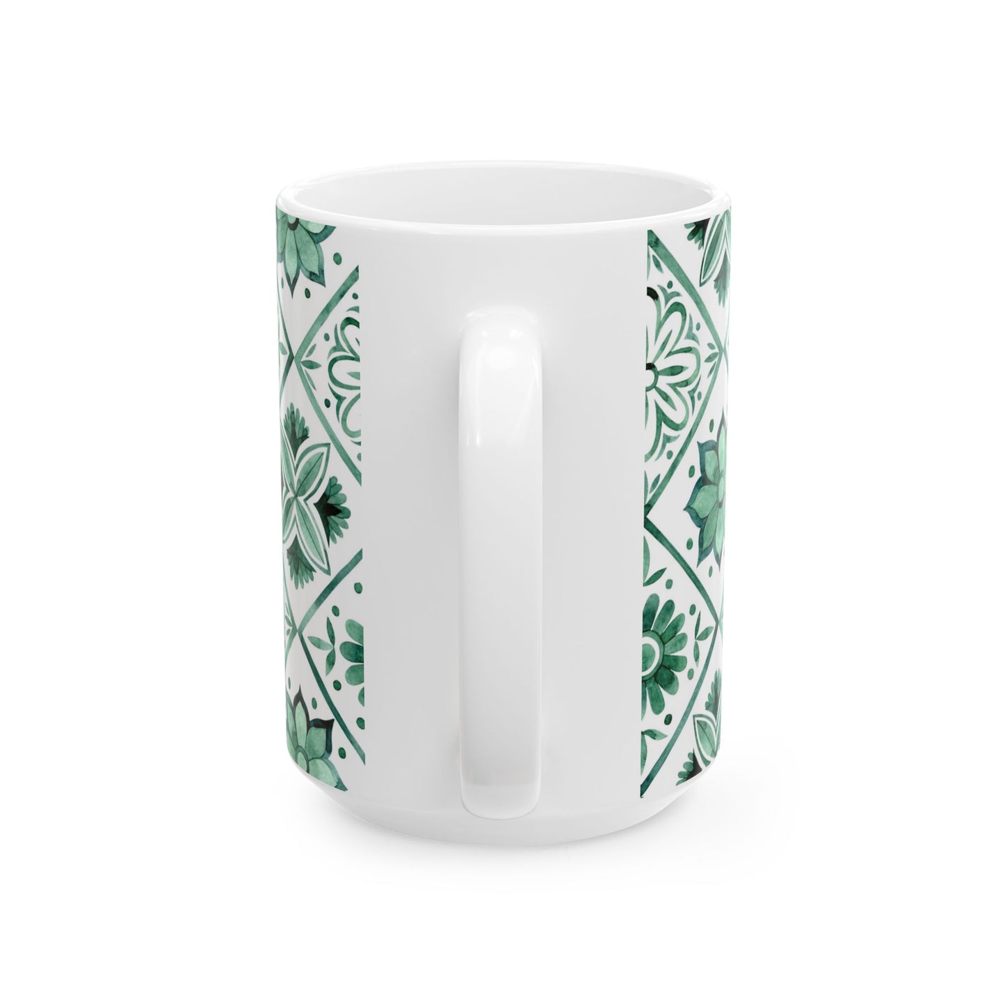 Green Tile Pattern Ceramic Mug — Boho Floral Moroccan-Style 11oz & 15oz