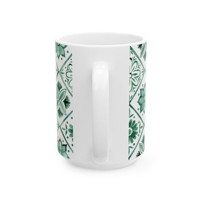 Green Tile Pattern Ceramic Mug — Boho Floral Moroccan-Style 11oz & 15oz