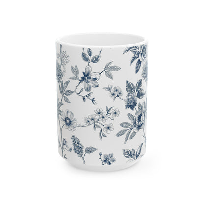 Blue Floral Ceramic Mug – Vintage Botanical 11oz & 15oz Coffee Cup