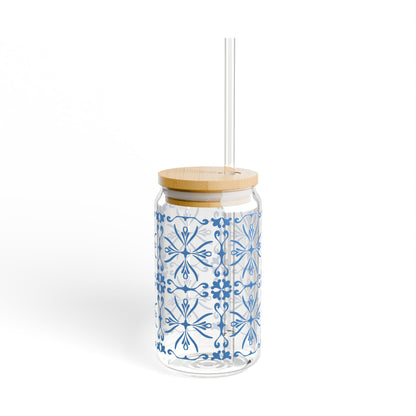 Blue Ornamental Glass Cup with Lid & Straw – 16oz Vintage Floral Drinkware