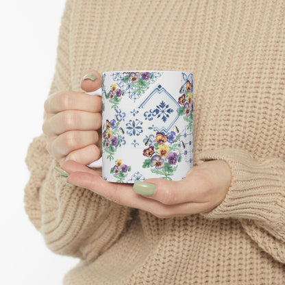 Vintage Pansy Floral Ceramic Mug – Blue Tile Pattern (11oz & 15oz)