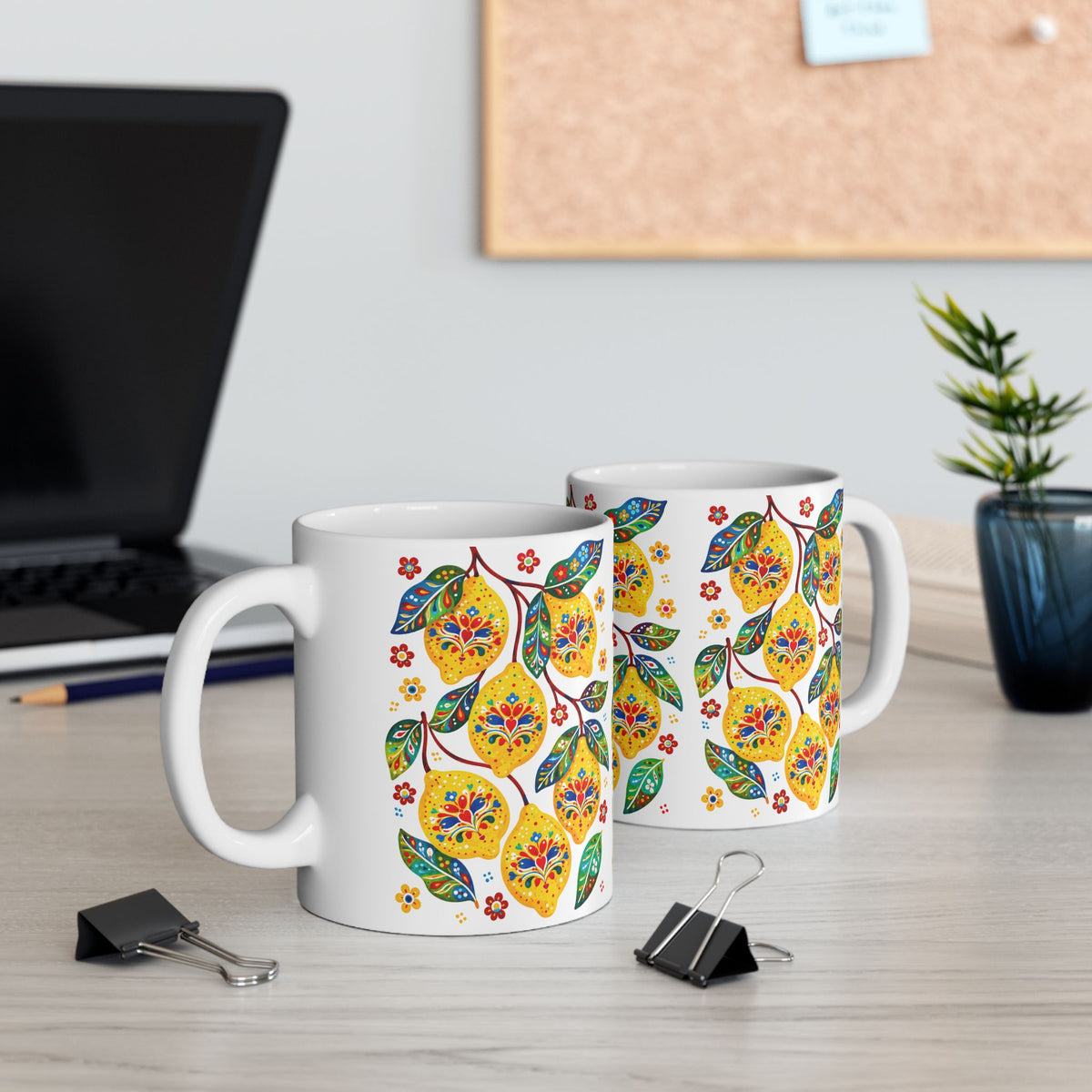 Lemon Blossom Ceramic Mug — Colorful Floral Fruit Pattern (11oz, 15oz)