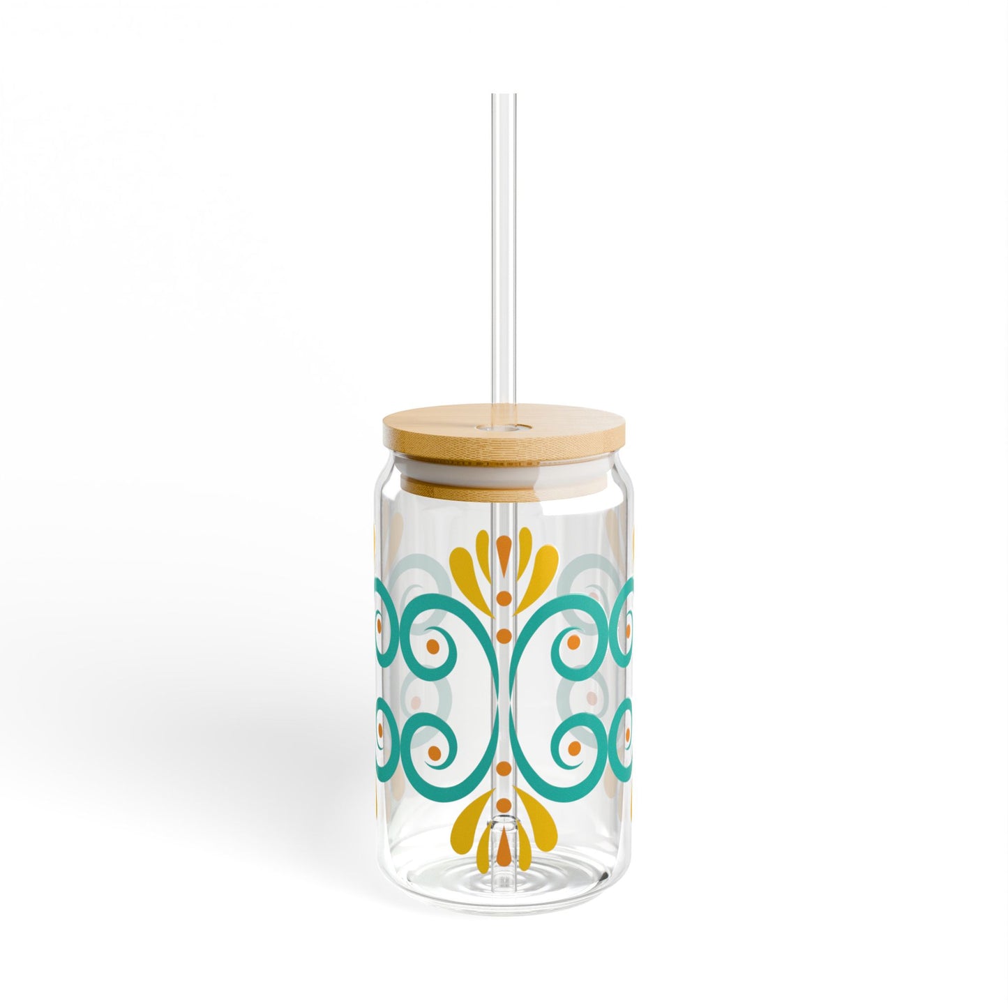 Turquoise Floral Glass Cup with Lid & Straw