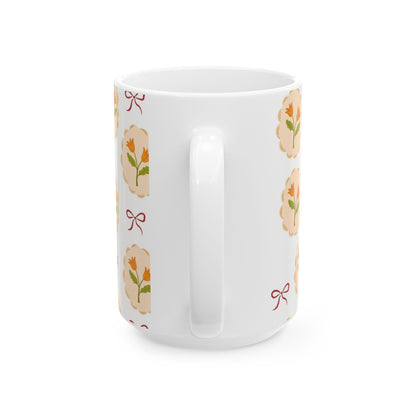 Floral Medallion Ceramic Mug — Vintage Orange Tulip Pattern (11oz & 15oz)