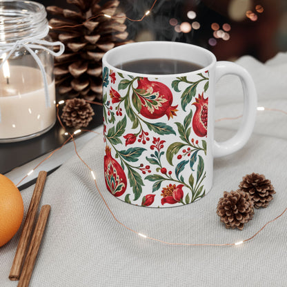 Pomegranate Floral Ceramic Mug — Red & Green Botanical Pattern (11oz, 15oz)
