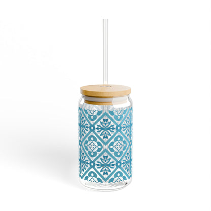 Blue Moroccan Tile Glass Cup with Lid & Straw