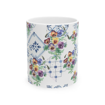 Vintage Pansy Floral Ceramic Mug – Blue Tile Pattern (11oz & 15oz)