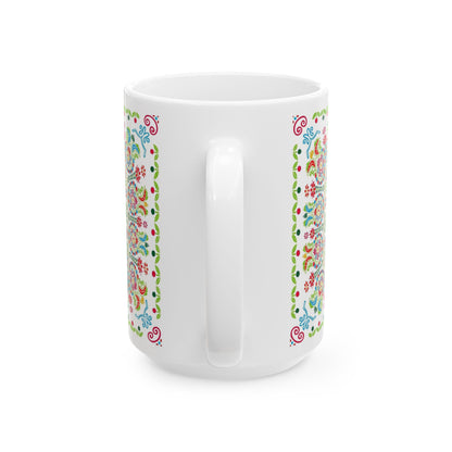 Floral Folk Art Ceramic Mug — Colorful Boho 11oz & 15oz Coffee Cup