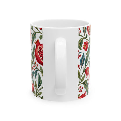 Pomegranate Floral Ceramic Mug — Red & Green Botanical Pattern (11oz, 15oz)