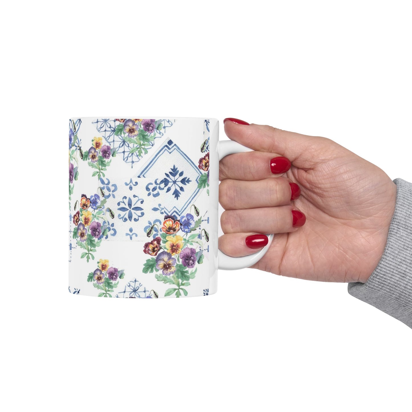 Vintage Pansy Floral Ceramic Mug – Blue Tile Pattern (11oz & 15oz)