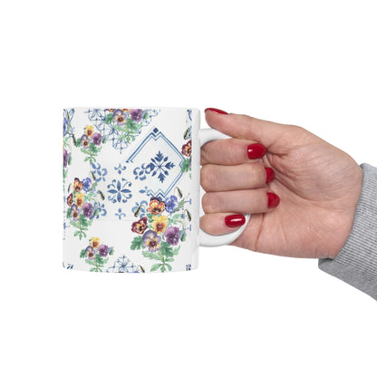 Vintage Pansy Floral Ceramic Mug – Blue Tile Pattern (11oz & 15oz)