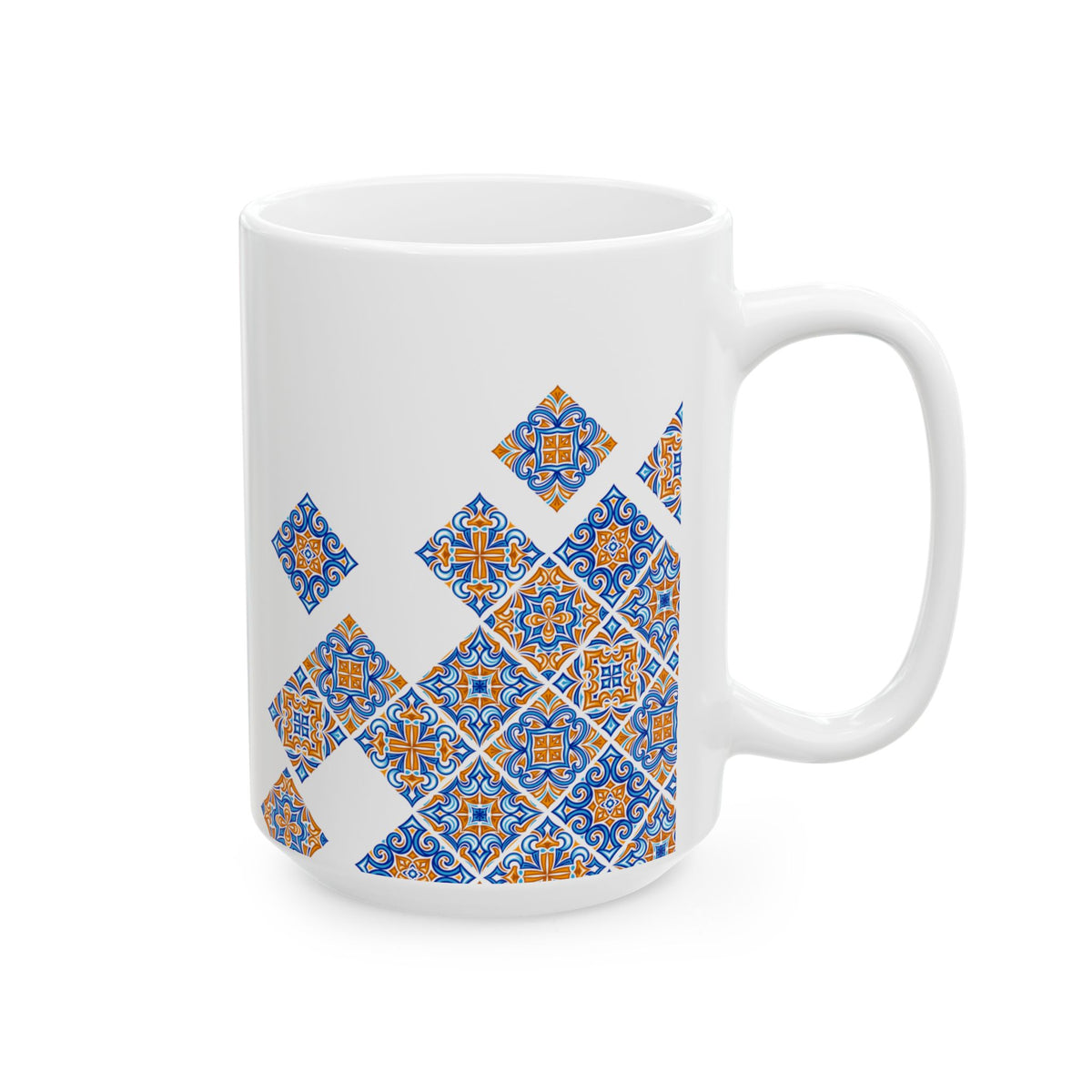 Ceramic Mug — Blue & Orange Moroccan Tile Pattern (11oz, 15oz)