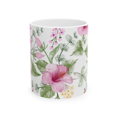 Pink Hibiscus Floral Ceramic Mug – Botanical Coffee Cup (11oz & 15oz)