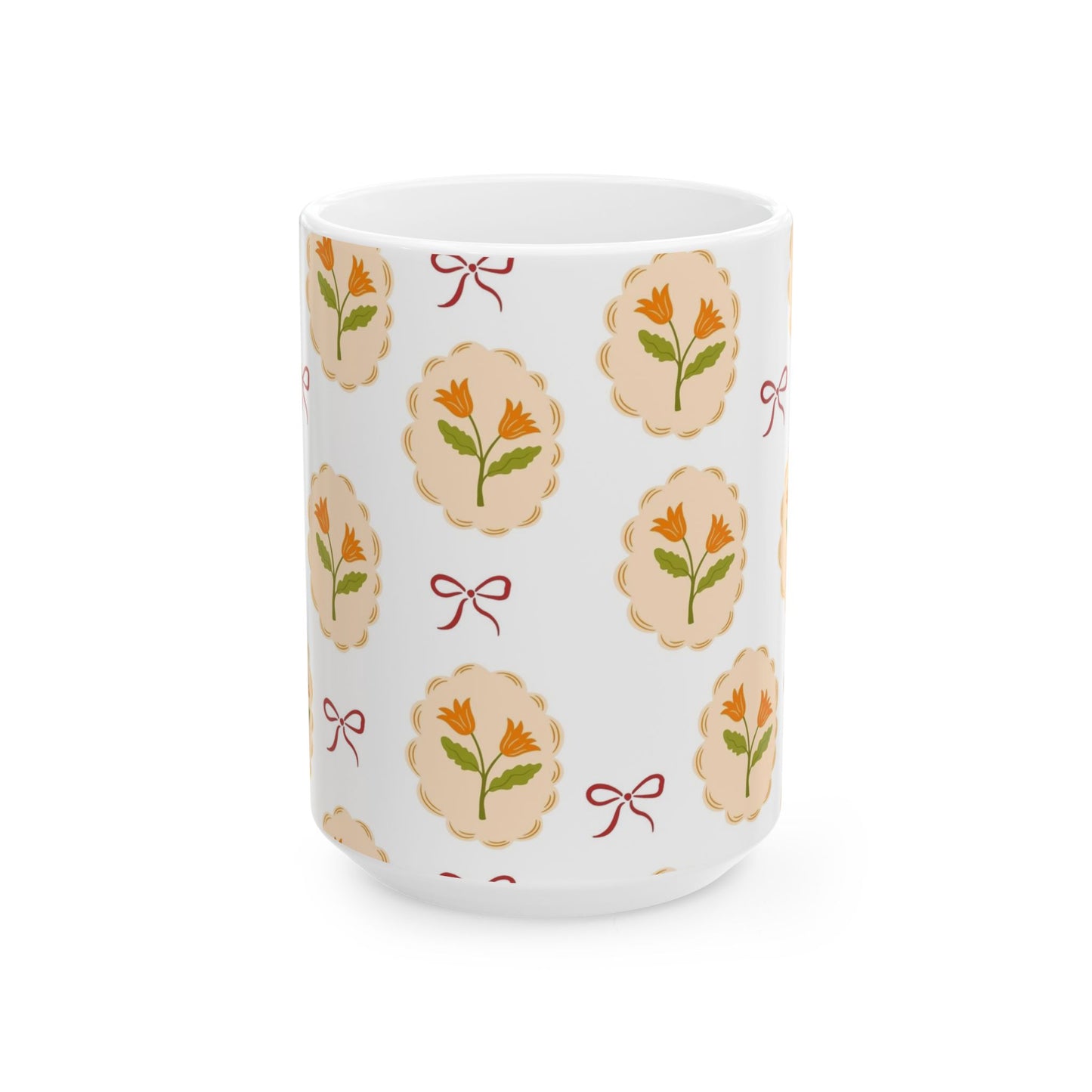 Floral Medallion Ceramic Mug — Vintage Orange Tulip Pattern (11oz & 15oz)