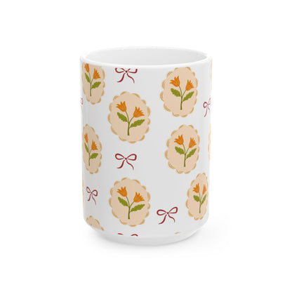 Floral Medallion Ceramic Mug — Vintage Orange Tulip Pattern (11oz & 15oz)