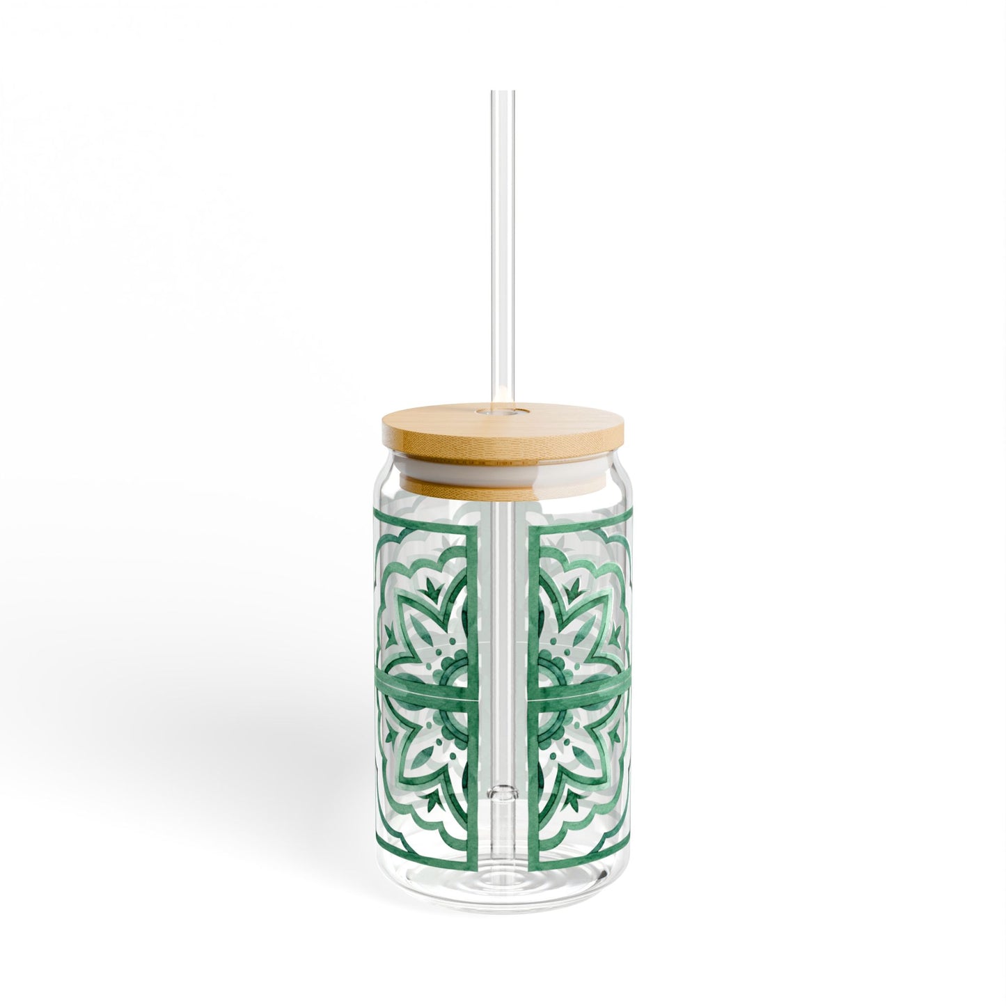 Emerald Moroccan Tile Glass Cup with Lid & Straw – 16oz Aesthetic Vintage Drinkware