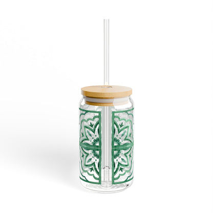 Emerald Moroccan Tile Glass Cup with Lid & Straw – 16oz Aesthetic Vintage Drinkware