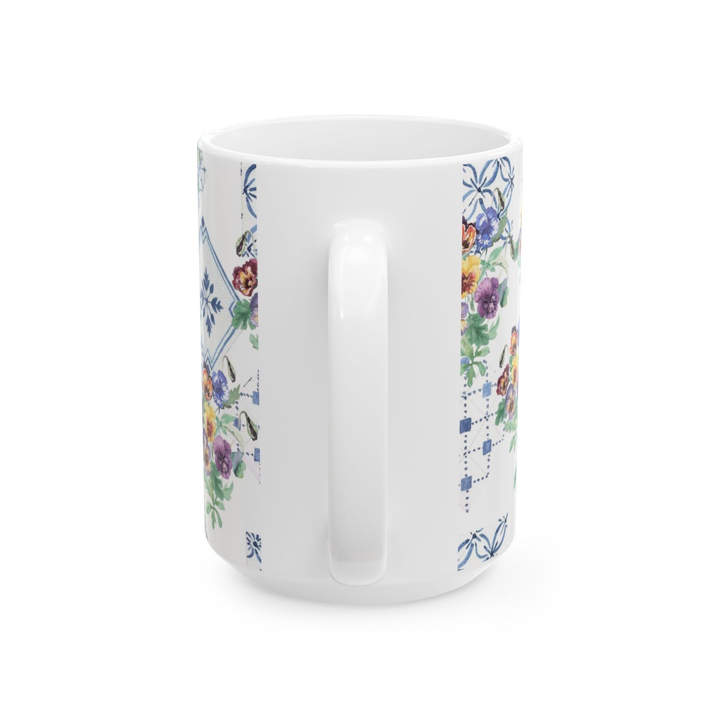 Vintage Pansy Floral Ceramic Mug – Blue Tile Pattern (11oz & 15oz)