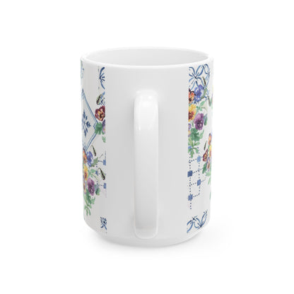 Vintage Pansy Floral Ceramic Mug – Blue Tile Pattern (11oz & 15oz)
