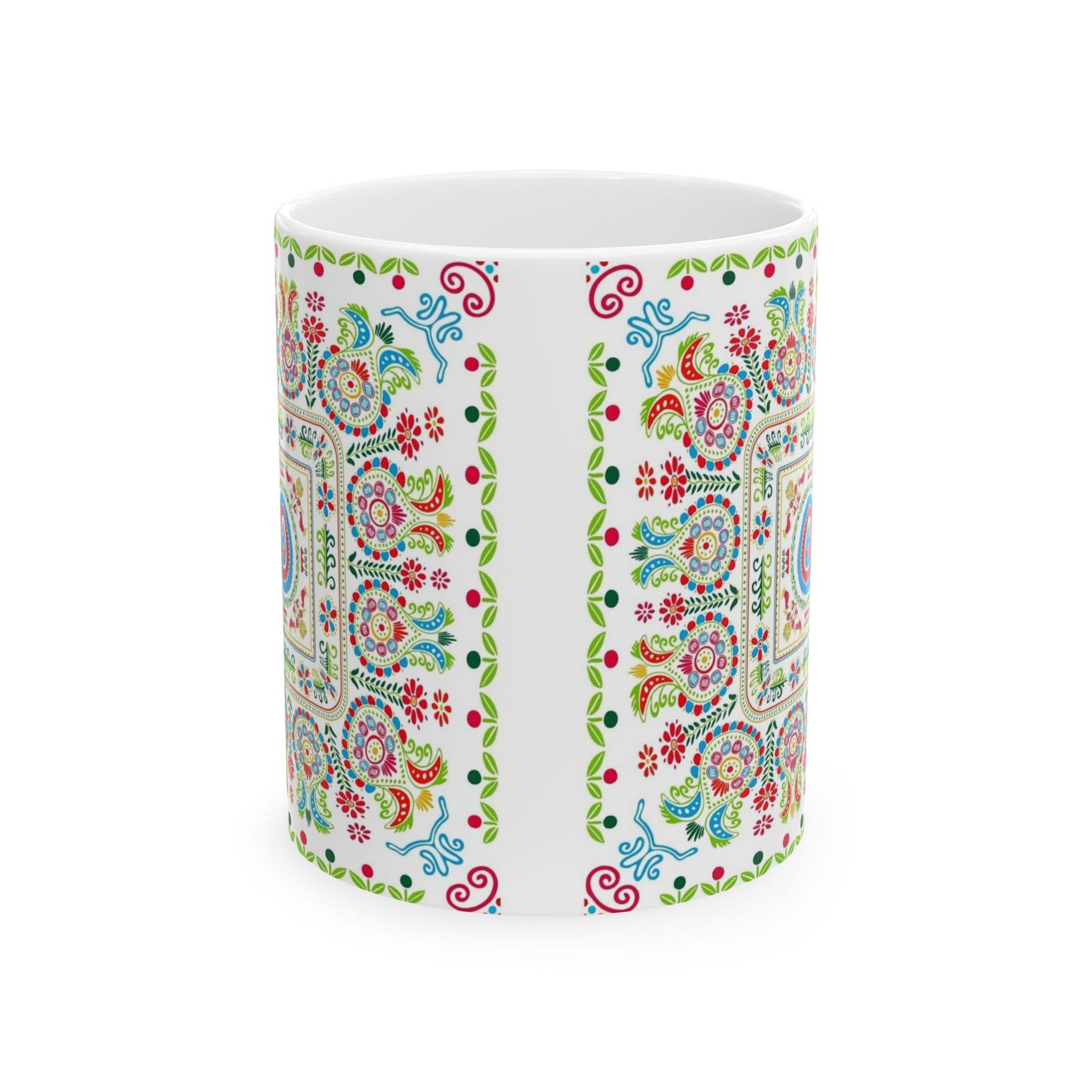 Floral Folk Art Ceramic Mug — Colorful Boho 11oz & 15oz Coffee Cup