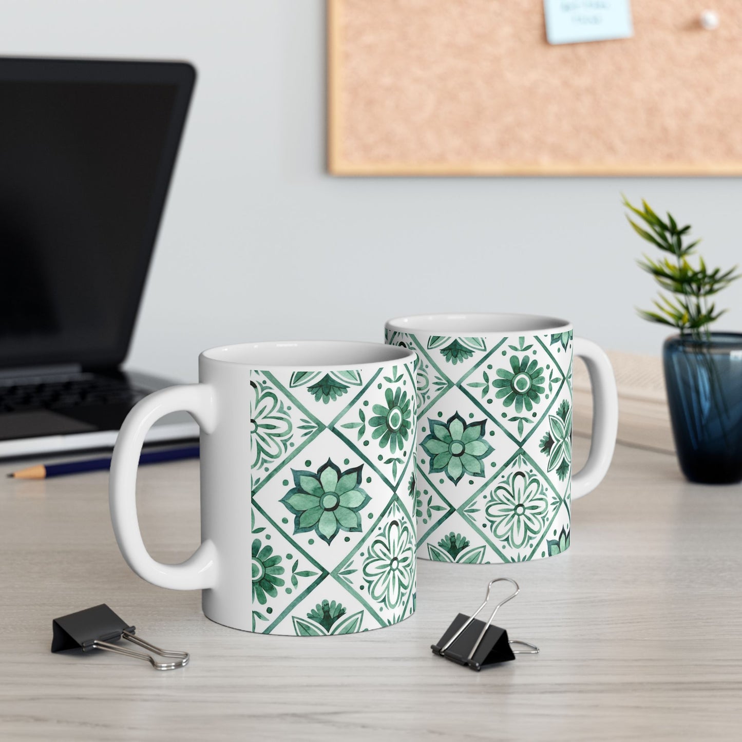 Green Tile Pattern Ceramic Mug — Boho Floral Moroccan-Style 11oz & 15oz