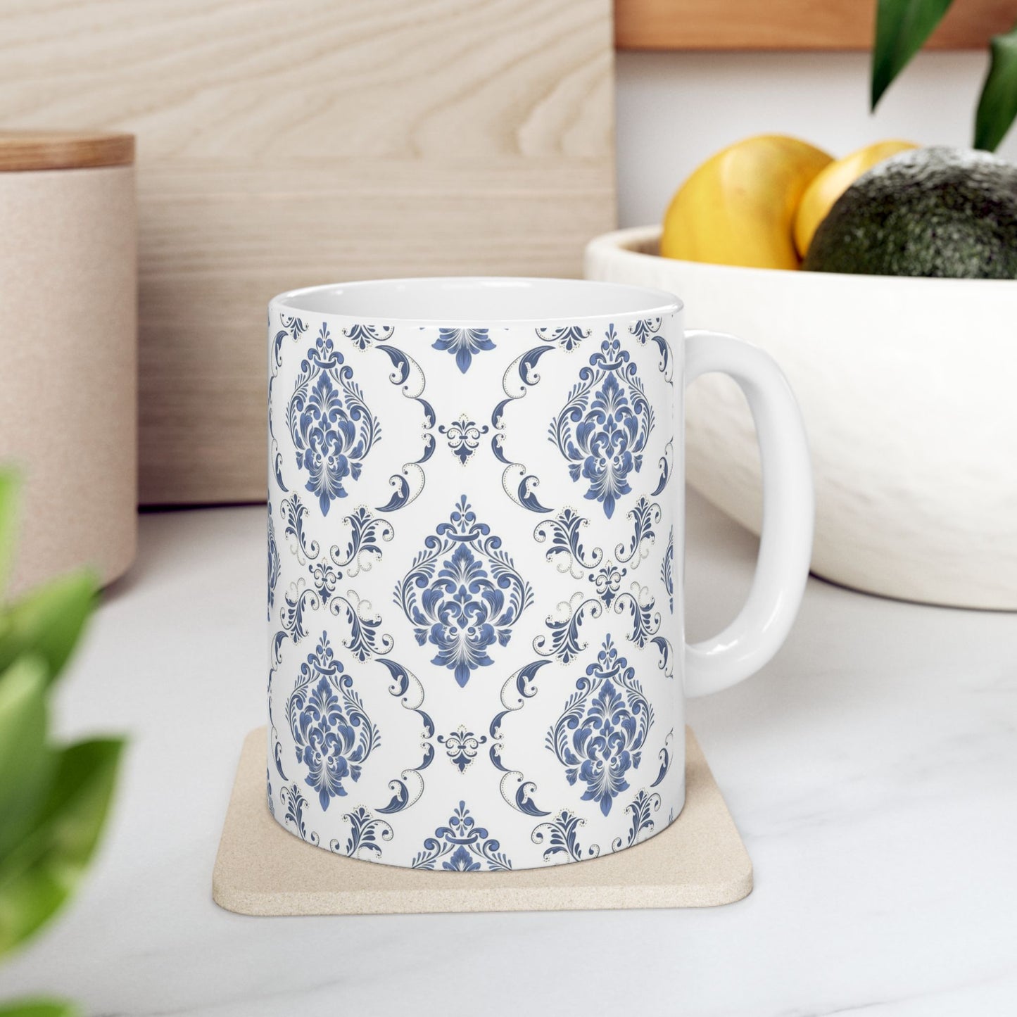 Blue Damask Ceramic Mug — Elegant Vintage Pattern Coffee Cup (11oz, 15oz)