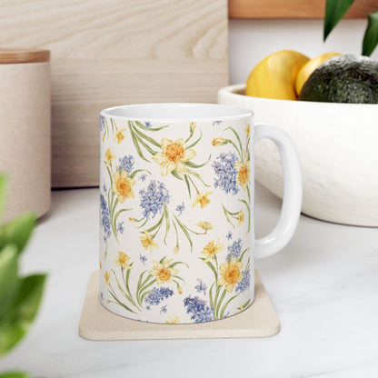 Floral Spring Bouquet Ceramic Mug — Blue Hyacinth & Yellow Daffodil 11oz/15oz