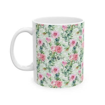 Floral Rose Watercolor Ceramic Mug — Pink Garden Pattern (11oz & 15oz)